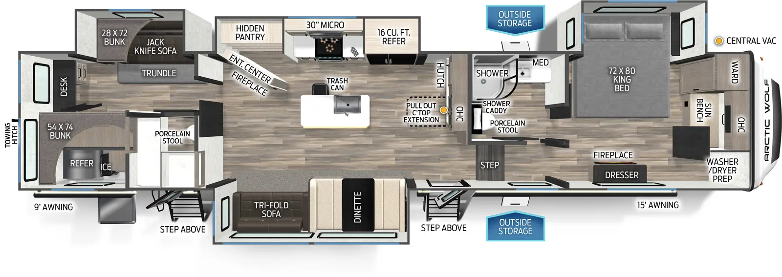 The 3850SUITE has four slideouts and two entries. Exterior features 9 foot and 15 foot awnings, outside storage, outside kitchen with sink and ice maker, step above entry steps, and rear towing hitch. Interior layout front to back: front sun bench with overhead cabinet, wardrobe and closet with washer/dryer prep, off-door side king bed slideout, and door side dresser with fireplace below; off-door side full bathroom with porcelain stool, medicine cabinet, and shower caddy; door side steps down to main living area and entry; kitchen counter with pull-out countertop extension, central vacuum, overhead cabinet, and hutch along inner wall; off-door side slideout with refrigerator, kitchen counter with cooktop, overhead cabinet with microwave, and entertainment center with fireplace and hidden pantry behind; kitchen island with sink, and trash can; door side slideout with dinette, and theater seating; rear bunk room with half bathroom with porcelain stool and second entry, off-door side slideout with jackknife sofa with trundle below and bunk above, rear desk, and door side upper bunk above cabinet.